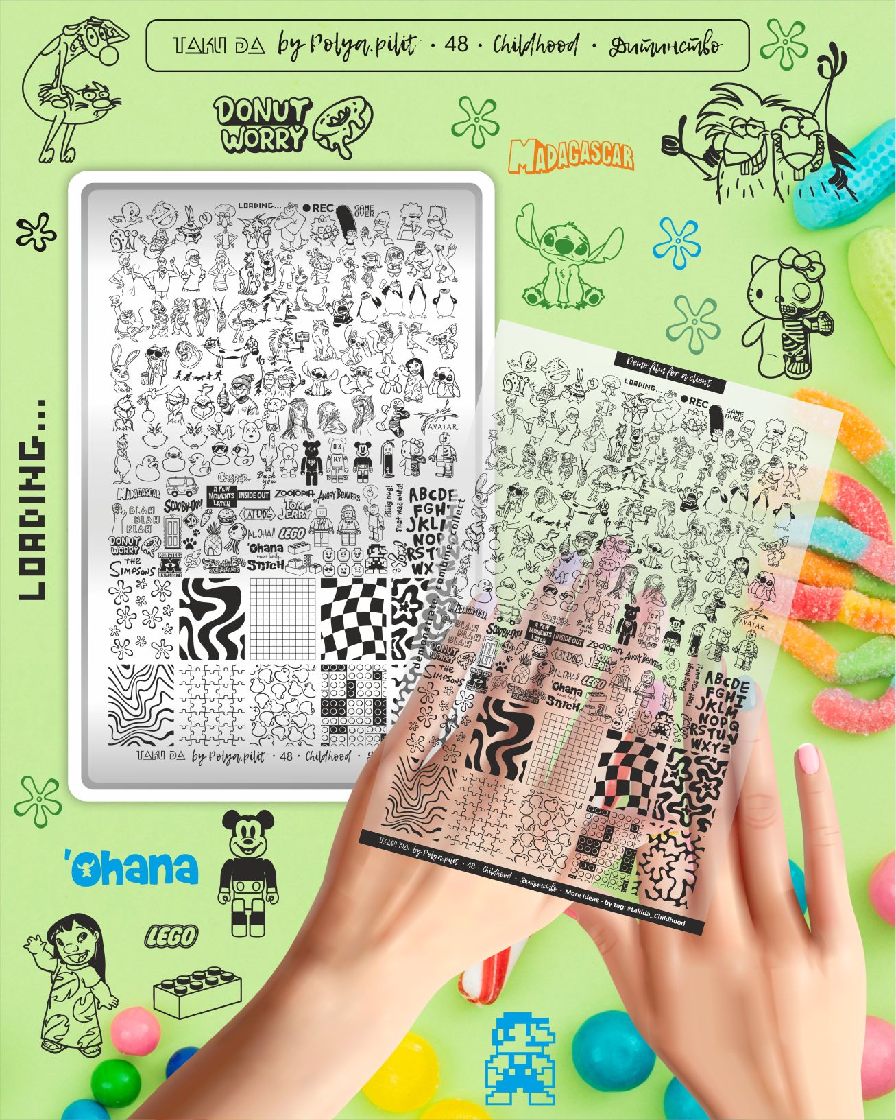 Stamping Plate DEMO Taki Da - 48 CHILDHOOD - Stamping-Schablone mit Demo-Sheet (mit Vorlagenblatt)