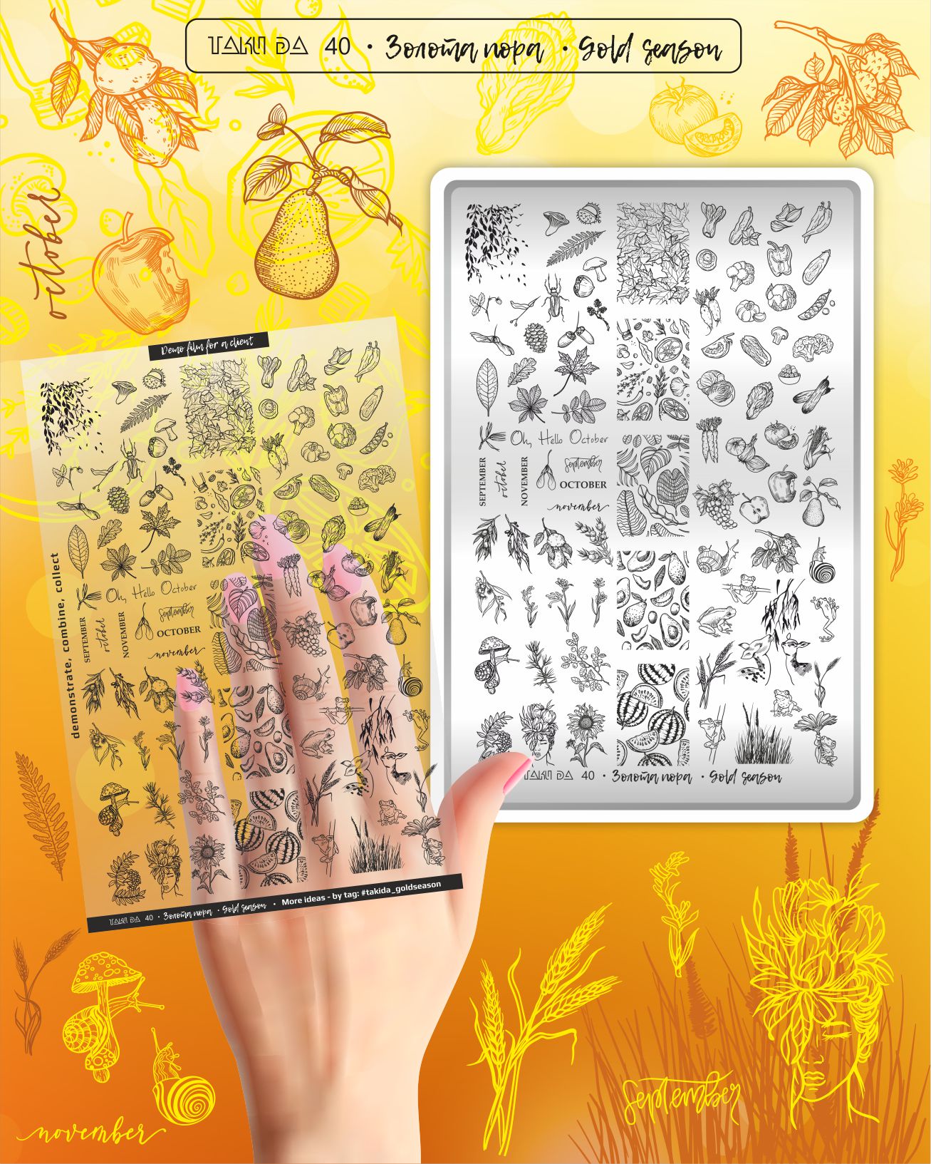 Stamping Plate DEMO Taki Da - 40 GOLDEN SEASON - Stamping-Schablone mit Demo-Sheet (mit Vorlagenblatt)