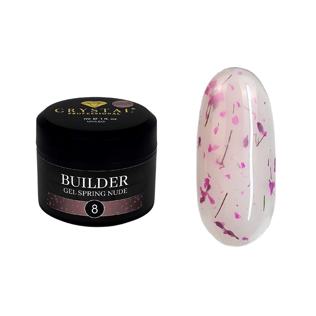 CRYSTAL Builder Gel Spring Nude №8 – Halbtransparentes Nude-Aufbaugel mit fuchsiafarbenen Trockenblumen, 15 ml